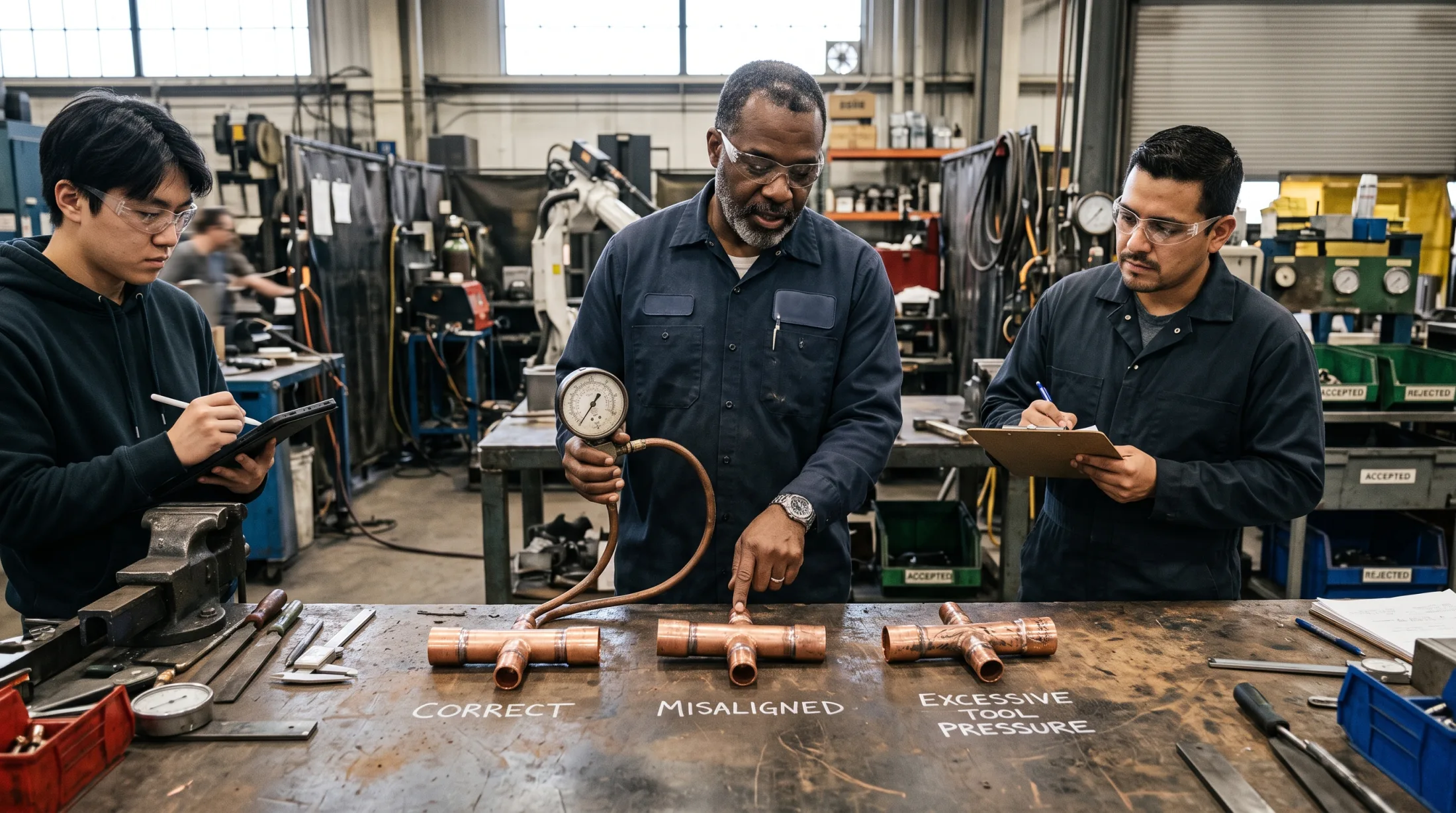 A veteran technician compares several copper fittings while two colleagues document his expert acceptance review.