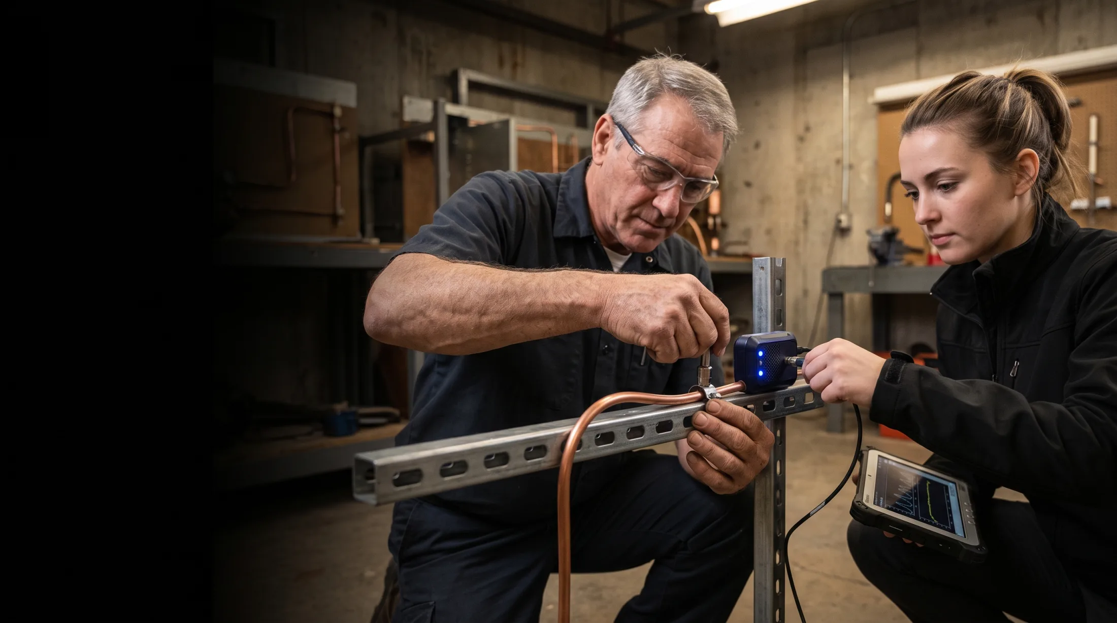 An experienced technician demonstrates precise copper-line work while a younger colleague records the physical signals.