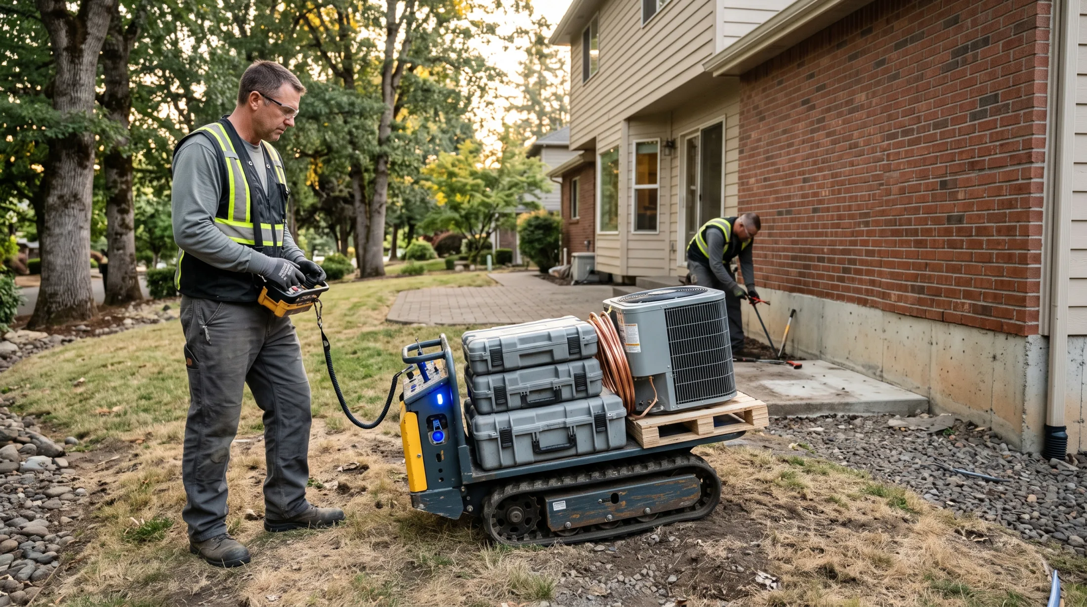 An HVAC technician directs a compact powered carrier loaded with tools and equipment at a residential jobsite.