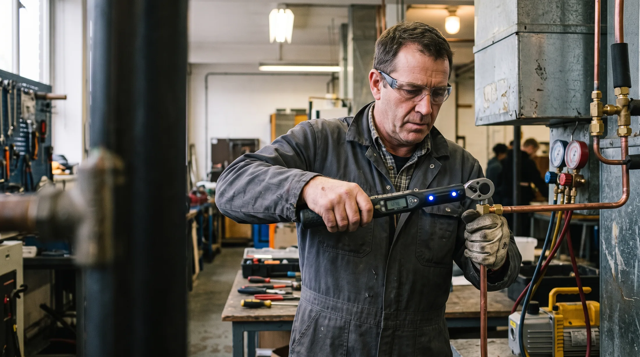 An experienced HVAC technician uses an intelligent torque tool while completing precise work on copper lines.